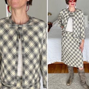 Cream and Grey Plaid Skirt Suit Set by Davidow XS